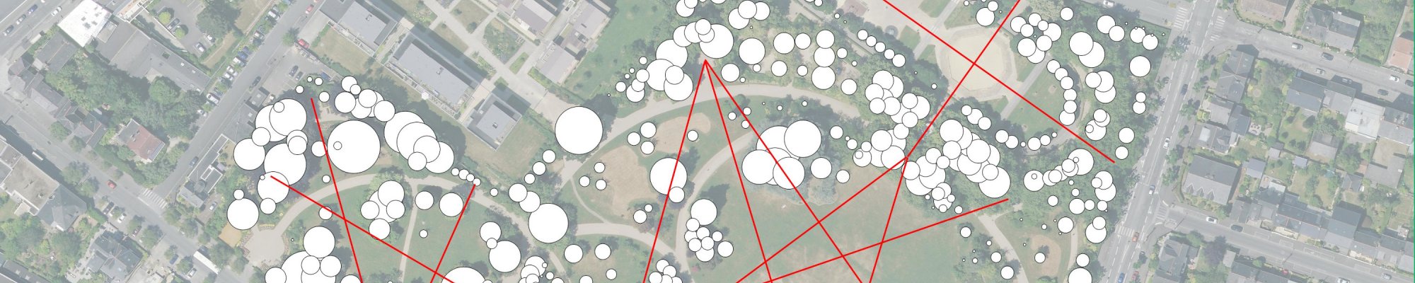 Vue sous Qgis du diamètre de houppier des arbres et représentation des cones de vue